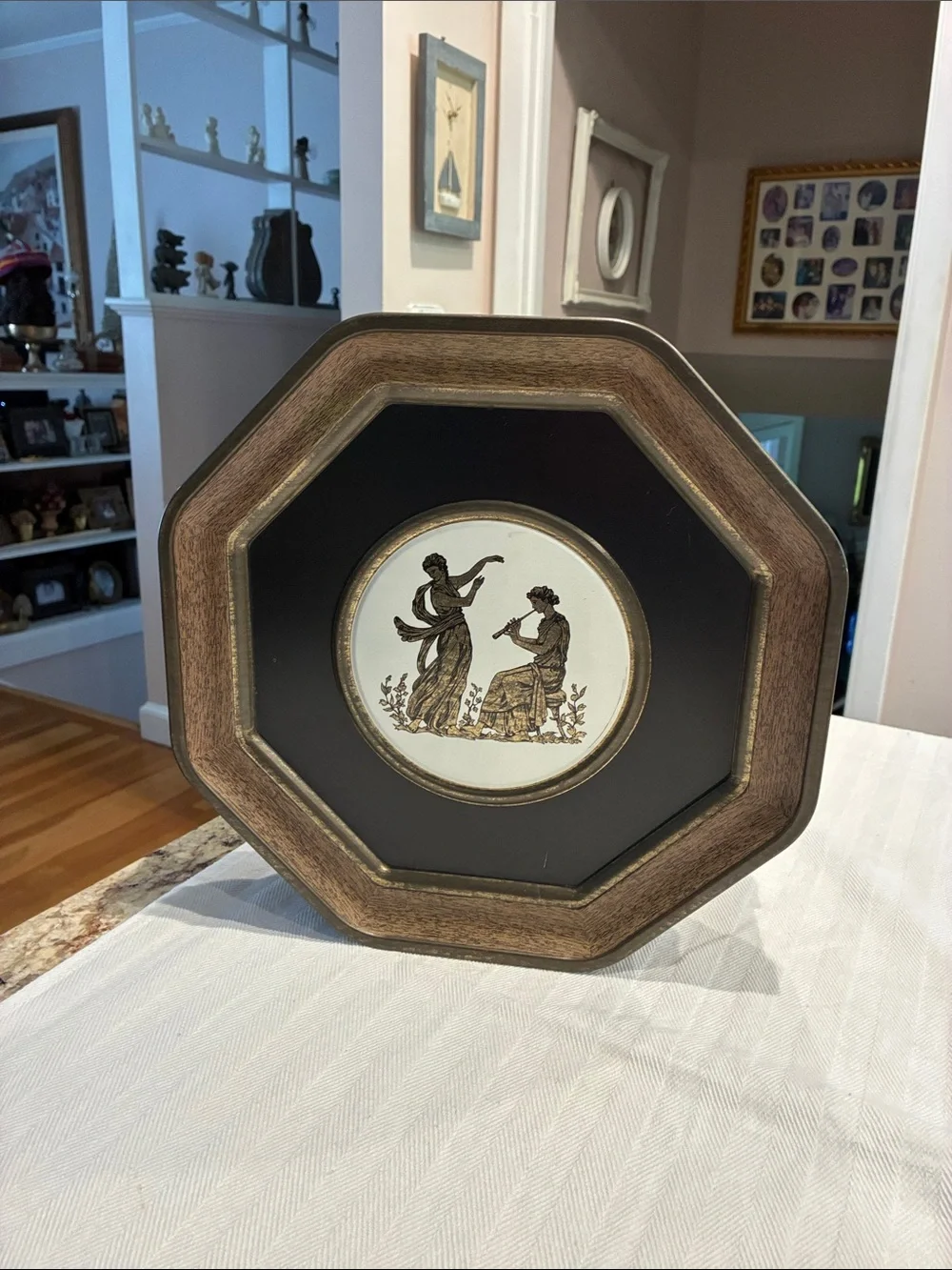 Vintage Octagonal Metal Box with Classical Motif - Black and Gold